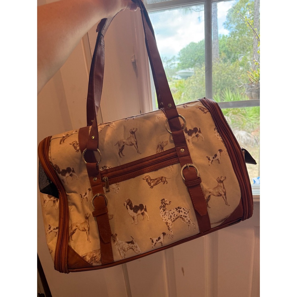 Laura Ashley Dog Print Pet Carrier Bag Brown Tan Canvas Small Animal Travel Tote